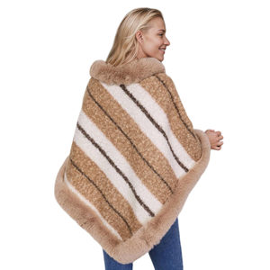 Women Casual Stripe Faux Fur Trim Cloak Winter Warm Pull Over Shawl for Daily Life Cold Weather Ice Activities - Product Image 6