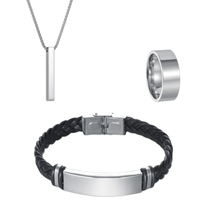 SongFu Engrave Logo Simple Conjunto de joyería para hombre 3 piezas Conjunto Collar Pulsera Anillo Acero inoxidable Negro Pu Pulsera de cuero - Product Image 4