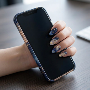 Kit de 24 <span class=keywords><strong>Uñas</strong></span> Postizas Ecológicas de ABS Translúcido <span class=keywords><strong>Azul</strong></span> con Diseño Inspirado en la Nebulosa, con Purpurina Dorada y Estrellas, para Dedos - Product Image 2