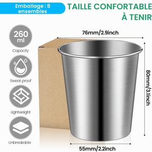 Verres à shot en acier inoxydable 301-400 ml, forme cylindrique, lavables au lave-vaisselle, réutilisables pour les fêtes et les bars, lot de 8 - Product Image 2