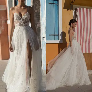 Mumuleo Beach A-Line Wedding Dresses Side Split Spaghetti Illusion Tulle Boho Wedding Gowns Pearls Backless Bohemian Bride