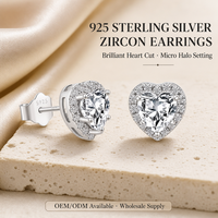 Boucles d'oreilles pour femmes en argent sterling 925, micro-incrustées, en forme de cœur étincelant, plaquées rhodium, vente en gros de bijoux