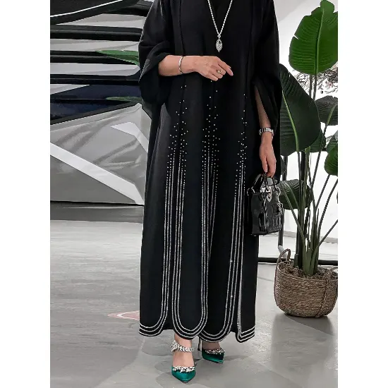 Simples Modesto Preto Eid Islâmico Moda De Luxo Mulheres Muçulmanas Dubai Bordados Abertos Abaya Novo Modelo