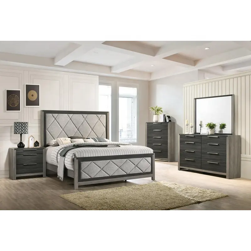 NOVA 5 Piece Up-holstered Beds Bedroom Collection with King Size Bed, Dresser, Mirror, Chest and Nightstand in Light Gray