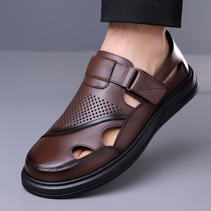 Men's Genuine Leather Solid Pattern Flat Sandals Open Toe <b>Hook</b> Loop Casual Summer Breathable Rubber Outsole Outdoor <b>Shoes</b> - Product Image 1