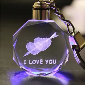 cheap wholesale Led Lighting Crystal Keychain custom 3d Laser Engraving Crystal Glass Keyring for Souvenirs