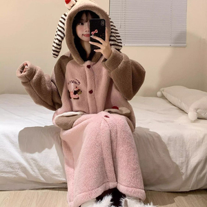 Ensembles de vêtements de nuit mignon <span class=keywords><strong>fille</strong></span> dessin animé à capuche corail polaire pyjamas femmes épais chaud peignoirs pour automne hiver - Product Image 5