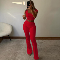 Nuevo Conjunto de 2 Piezas para Mujer, Verano, Manga Corta, Cuello en U, Pantalones con Puños, Color Sólido, Conjunto de Loungewear Acanalado