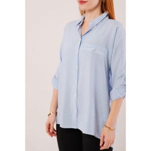 Camisas Casuales al por Mayor para Mujer, Azules, Extra Grandes, con Detalle de Bolsillo a Rayas, Blusas - Product Image 3