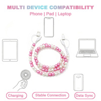 Kabel Charger HP 4 in 1 Fashion Pink Putih Mutiara Berhias Manik-Manik Kabel USB C