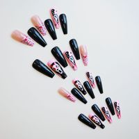 Faux ongles à presser carrés longs rose pastel et noir pour Halloween, avec motifs Ghost Face, toile d'araignée et couteau, Fournitures pour ongles
