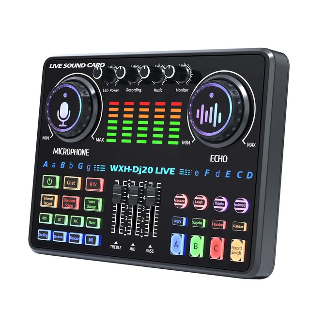 Professional DJ20 Portable Live Sound Card & Studio Music Recording Interface Audio Sound & Mixer for PC Phone Broadcast