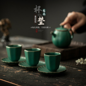 Taza de té octogonal de cerámica con platillo, juego de té Kung Fu de cerámica verde oscuro, taza individual para té de la tarde - Product Image 1