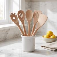 Ensemble d'ustensiles de cuisine en bois naturel, 5 pièces : spatule, cuillère ajourée, cuillère à pâtes, résistants à la chaleur, antiadhésifs