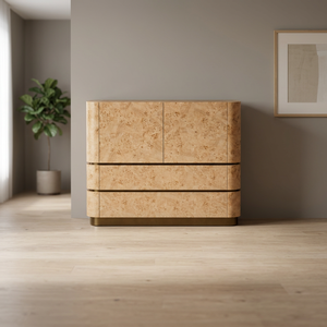 Aparador Moderno Nara de Madera Maciza de Mindi con Chapa de Madera Mappa y Cubierta de Piedra Calacata Brillante para Sala de Estar y Hotel de Lujo - Product Image 5