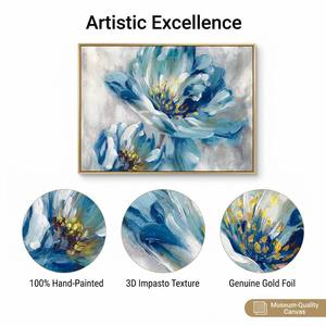<span class=keywords><strong>Peinture</strong></span> à l'huile abstraite moderne peinte à la main, <span class=keywords><strong>fleurs</strong></span> bleues avec feuille d'or, texture épaisse, art mural sur toile pour salon, hôtel, décoration - Product Image 4
