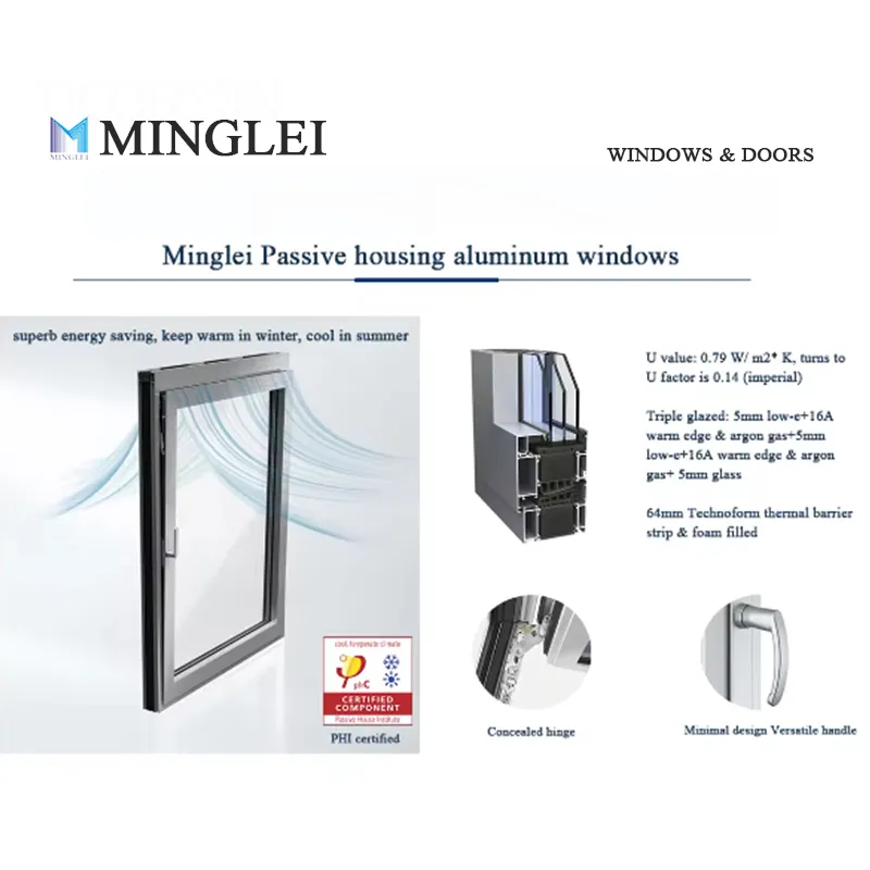 Minglei German standard aluminum tilt and turn passive window triple pane windows