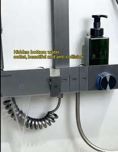 Ensemble de douche thermostatique LED <span class=keywords><strong>noir</strong></span> avec barre coulissante en acier inoxydable, jets de pluie et de main, finition mate et polie, style moderne pour hôtel - Product Image 4