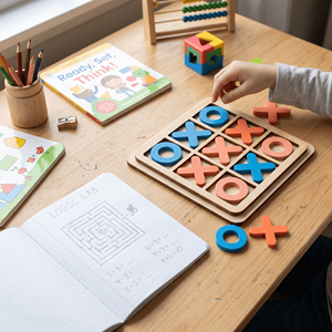 Jeu de <span class=keywords><strong>Tic</strong></span> <span class=keywords><strong>Tac</strong></span> Toe en bois avec logo personnalisé, vente en gros, OEM, ODM, jeu éducatif Montessori, jeu des croix et des points - Product Image 2