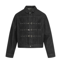 Jaket Denim Retro Amerika Pria Grosir, Desain Gesper Pesawat Heavy Metal, Hiasan Kancing Lipit Pendek, Jeans Hip-Hop Pria