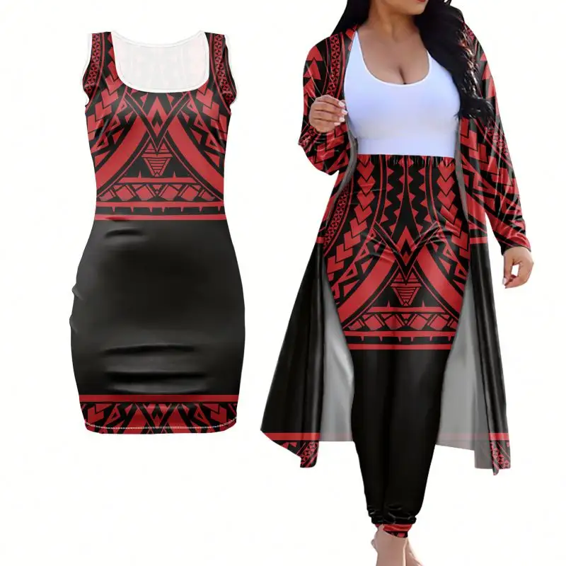 Custom Red Black Tribal Polynesian Print Women's 3 Piece Clothing Set 2021 New Design Lady Cardigan Trench Match Bodycon Dress