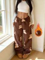 Pantalon large pour femme, doublé thermiquement, imprimé ours mignon, chaud et confortable pour l'hiver, moelleux et douillet
