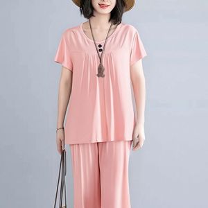 Summer Short Sleeve Capri Pants Loose Plus Size Women's Home Wear Set Two Piece Casual <b>Suit</b> Solid Color <b>Pajama</b> Set - Product Image 2