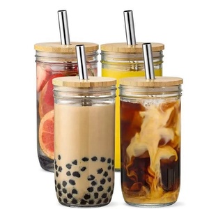 Herbruikbare glazen Mason <span class=keywords><strong>Jar</strong></span> beker met milieuvriendelijk bamboe deksel en gouden metalen rietje voor ijskoffie, bubble tea, smoothie, groothandel - Product Image 2