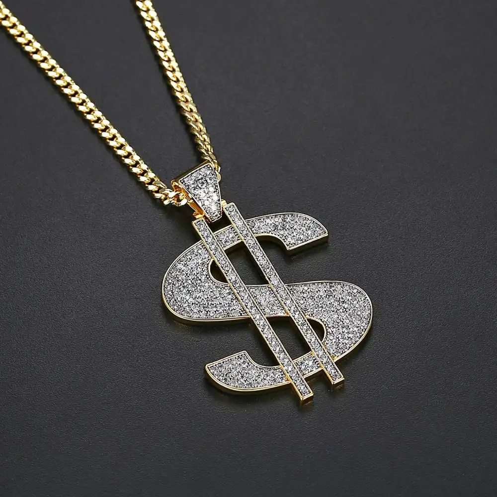 JINSE Hip Hop Punk Jewelry Large US Dollar Money Sign Pendant with CZ Stone Necklace for Men Women