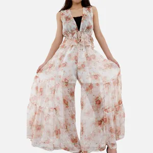 Enyami-traje a juego bohemio personalizado, Top corto de gasa Floral, camiseta sin mangas, pantalones de pierna ancha, conjunto de pantalones de dos piezas, ropa para mujer