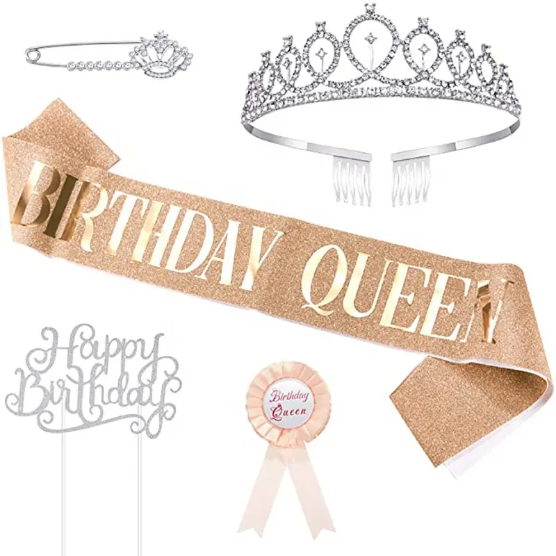 5 adet aksesuar doğum günü Glitter kraliçe kanat taç rozeti broş mutlu doğum günü pastası Topper malzemeleri