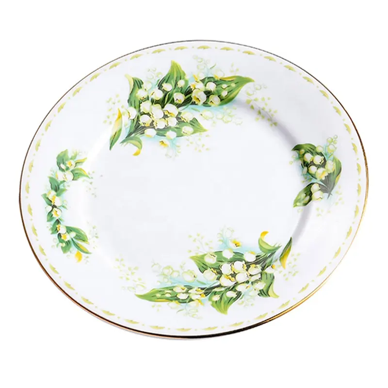 Lily of The Valley Ceramic Dessert Plate 8 inch Porcelain Green Flower Plates and Dishes With Gold Rims