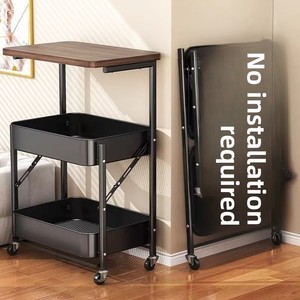 Étagère de rangement pliable en métal à trois niveaux, chariot compact <span class=keywords><strong>pour</strong></span> collations de <span class=keywords><strong>cuisine</strong></span>, pas d'assemblage requis, étagère de rangement mobile - Product Image 2