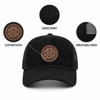 Casquette de camionneur personnalisée, face en daim, dos en maille, patch en cuir, fermeture snapback réglable, 7 couleurs, décontractée pour l'extérieur, OEM, vente en gros, faible MOQ