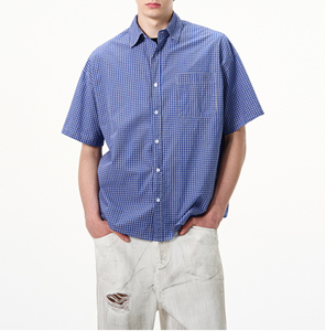 Chemise d'été à carreaux 100 % coton pour homme avec logo personnalisé, col rabattu, coupe oversize, manches courtes, anti-plis, vêtement décontracté - Product Image 1