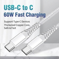 Câble de charge rapide tressé Type-C vers Type-C 60W 5A/3A, conducteur en cuivre pur, gaine TPE, pour ordinateur portable, smartphone, téléphone mobile