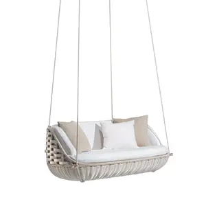 Outdoor Style LED White Light aluminium Frame Eco friendly PE rattan 3,Seater Patio Swing with sitting cushion Chairs/