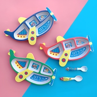 Ensemble d'ustensiles mignons et sûrs en fibre de bambou pour enfants, assiette compartimentée à motif dessin animé pour bébé, cuillère à aliments complémentaires motif avion pour usage domestique