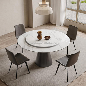 Table à manger ronde de luxe à motif marbré avec plateau tournant en pierre blanche, base évasée noire, 6-8 places, mobilier de restaurant et d'hôtel - Product Image 1