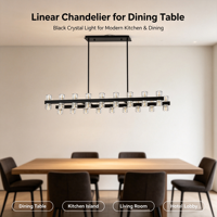 Lustre linéaire moderne noir à hauteur réglable, 36 lumières, luminaire suspendu rectangulaire, abat-jour en verre cristal transparent, structure métallique, LED