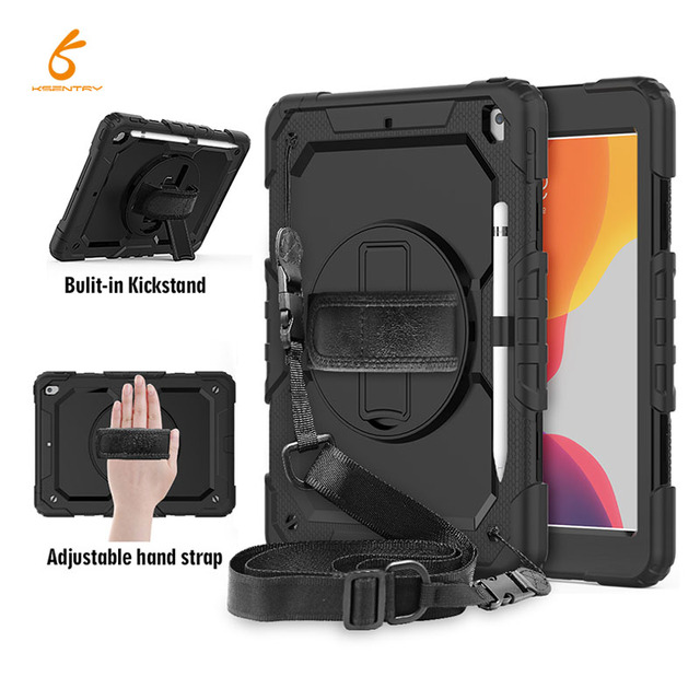 360-Degree Rotating Silicon Kickstand Three-Layer Heavy Duty Rugged Smart Hand Strap Kids Friendly Tablet Pencil Case for iPad