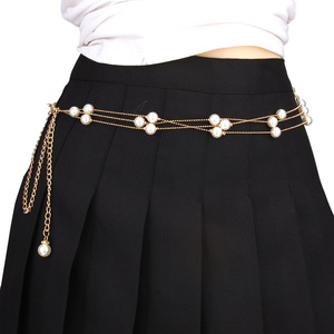 โซ่คาดเอวไข่มุกเทียมปรับได้สองชั้นสีทอง สำหรับงานปาร์ตี้ เครื่องประดับแฟชั่น - Product Image 3