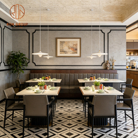 Table carrée en pierre, chaise en cuir, banquette longue grise, mobilier de restaurant moderne pour salon de thé, usage commercial