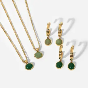 14k Gold Pvd Plated Stainless Steel Jewelry Sets CC Shaped Green Agate Pendant Necklace Hoop Earrings For Women