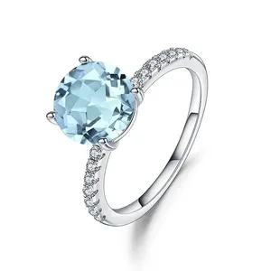 Abiding silver natural Sky Blue Topaz engagement ring with diamond simulant in 925 sterling silver women wedding jewelry