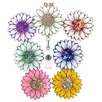 Porte-badge rétractable en acrylique avec paillettes et sequins, motif tournesol sept couleurs, avec clip crocodile rotatif, pour infirmière