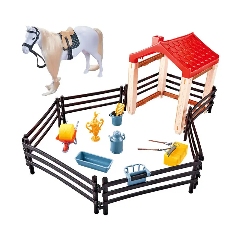 Conjunto de estatuetas de rancho de cavalo simulado com ferramentas, cerca, grama de feno, cavalo com carrinho de fazendeiro, modelo de figuras de animais