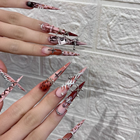 Ongles à presser extra longs style stiletto, rose vif, en acrylique 3D, couverture complète, motifs réutilisables, faux ongles avec colle