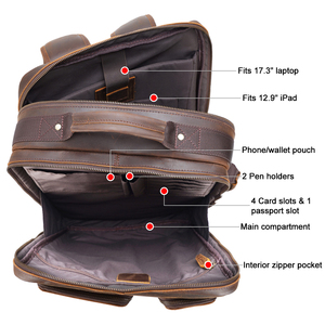Vintage Style Men's Crazy Horse Genuine Leather Laptop Backpack Dark Brown Full Grain Leather Zipper Closure <strong>Travel</strong> <strong>Day</strong> <strong>Bag</strong> - Product Image 6
