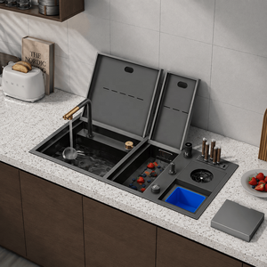 Lavello da <span class=keywords><strong>Cucina</strong></span> Artigianale Premium WN per Cucine Moderne, in Acciaio Inox 304 a Doppia Vasca con Rubinetto a Scomparsa e Coperchio - Product Image 1